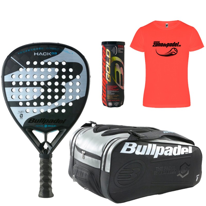 Pack Bullpadel Hack 03 2023 + Padel bag + Balls + T-shirt